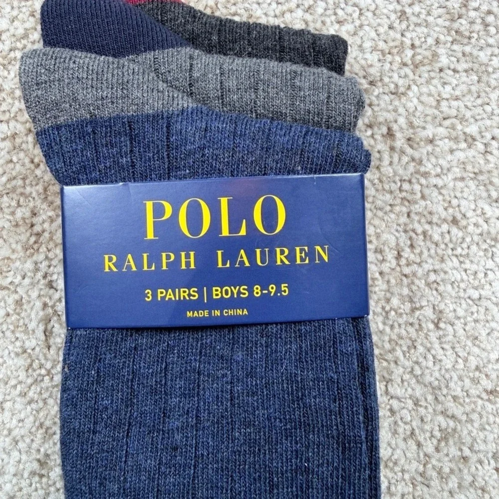 Polo Ralph Lauren Boys 3 Pack Ribbed Crew Socks Navy Gray Charcoal Size 8-9.5